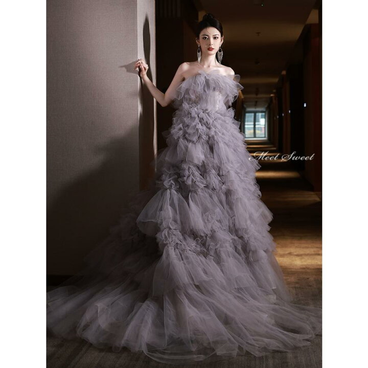 楽天市場】カラードレス ロングドレス プリンセスドレス グレー フリル  