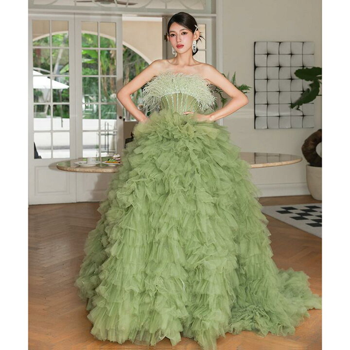 ウエディングドレス グリーン ベアトップ 取り外し袖 ルンルン  