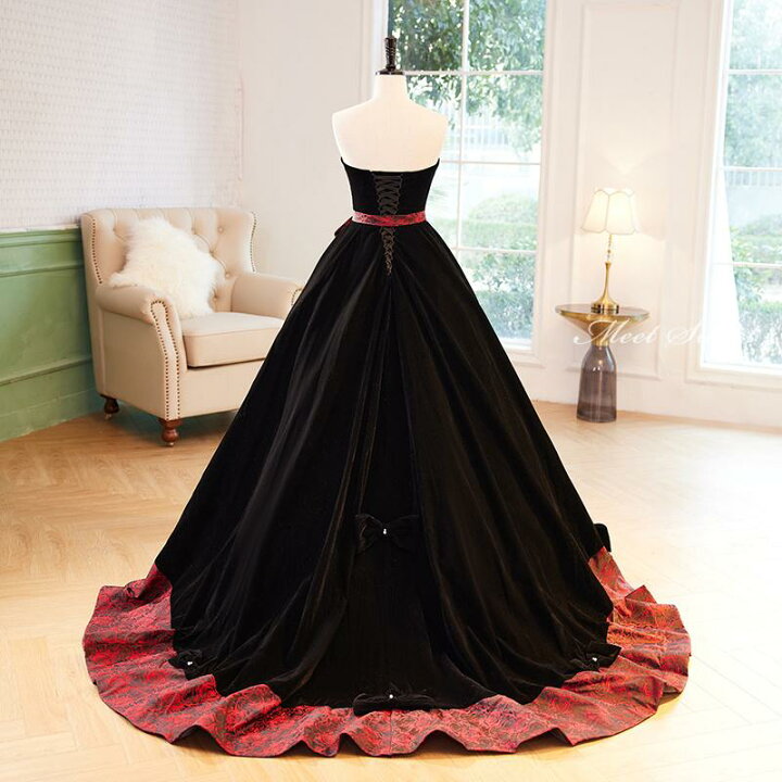 パーティードレス ブラック ベアトップ ロングトレーン マーメイド  