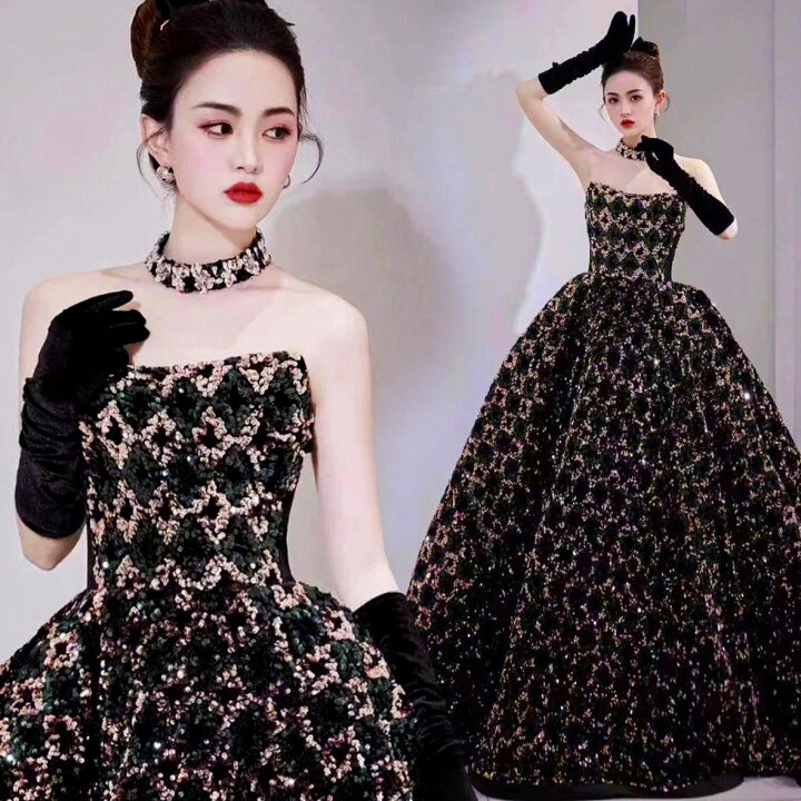 パーティードレス ブラック ベアトップ Aライン お色直し 編み上げ  