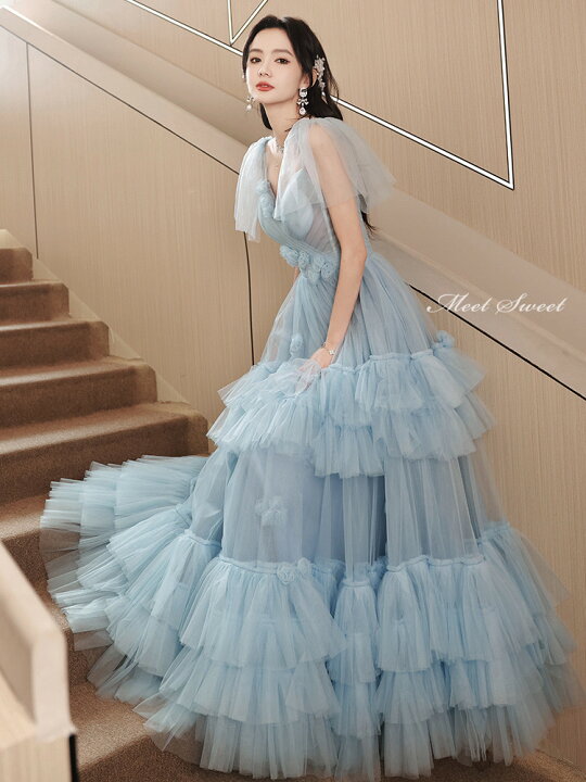 楽天市場】カラードレス ウェディングドレス ライトブルー フリル 半袖  