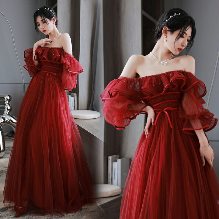 楽天市場】カラードレス ウェディングドレス レッド 赤 オフショルダー  