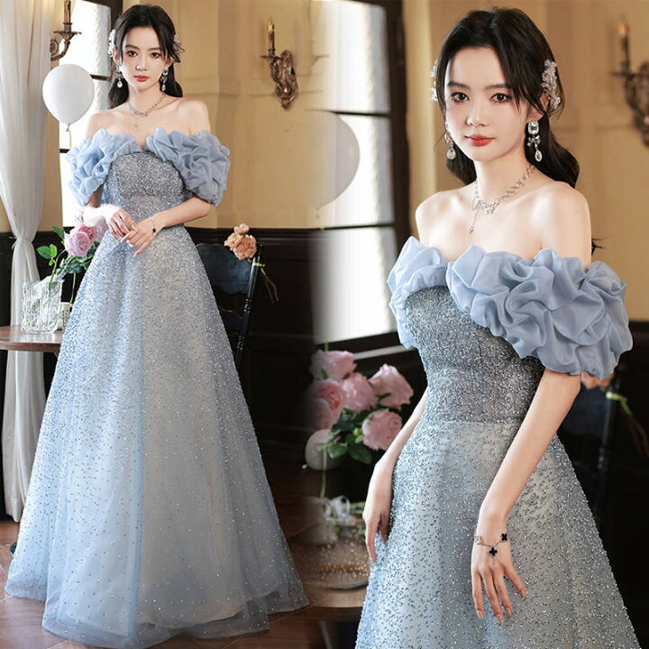 楽天市場】カラードレス ウェディングドレス ブルー オフショルダー  
