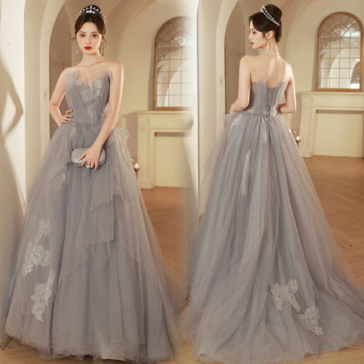 楽天市場】カラードレス Aラインドレス グレー ビスチェ ベアトップ  