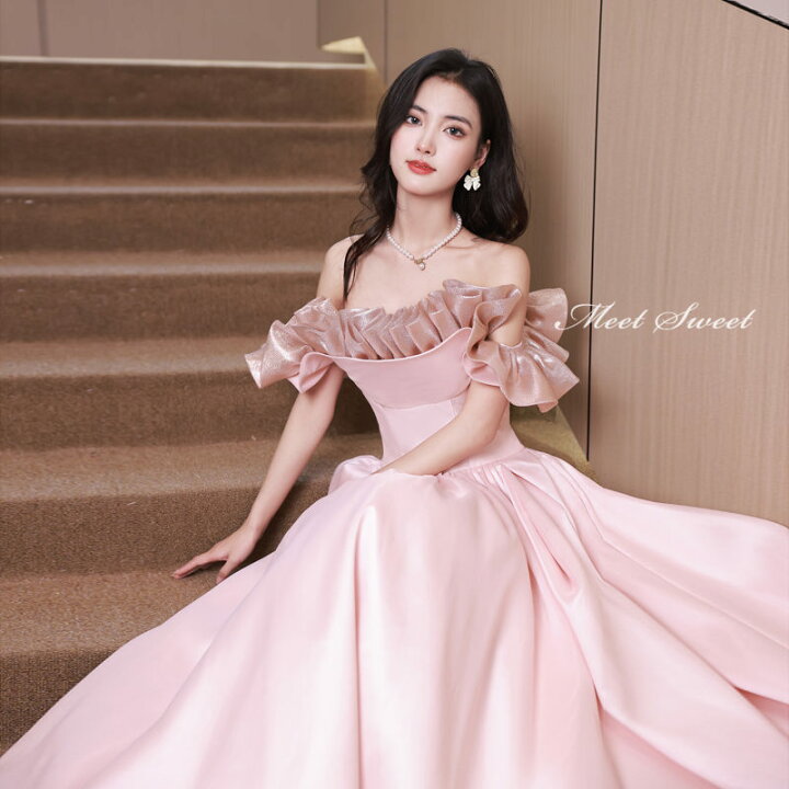 楽天市場】カラードレス ウェディングドレス ピンク オフショルダー  