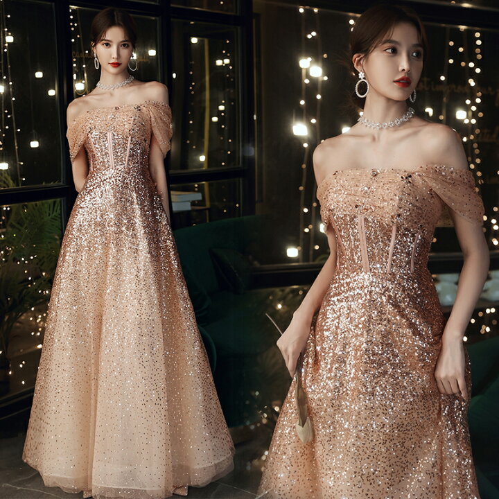 楽天市場】カラードレス ウェディングドレス ゴールド オフショルダー  