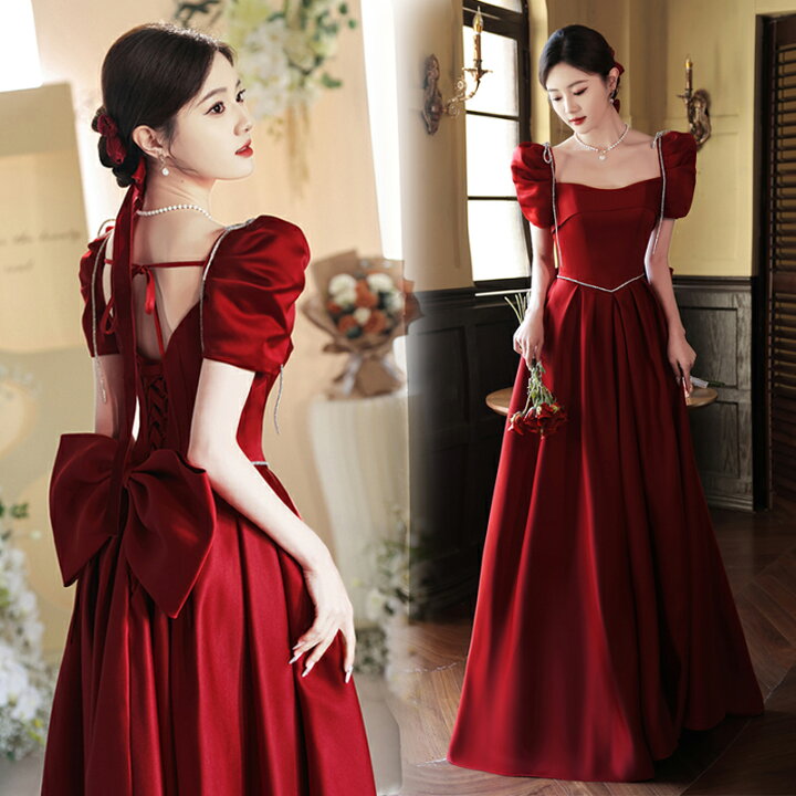 楽天市場】カラードレス Aラインドレス 赤 パフスリーブ ギャザー半袖  