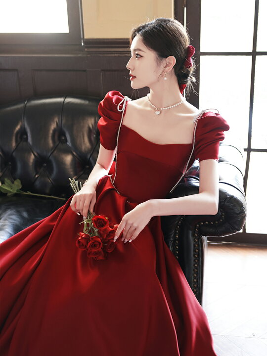 楽天市場】カラードレス Aラインドレス 赤 パフスリーブ ギャザー半袖  