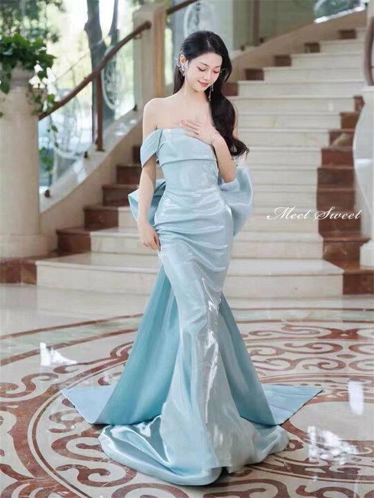 カラードレス 一皮剥け ジュエルブルー ベアトップ 光沢サテン  