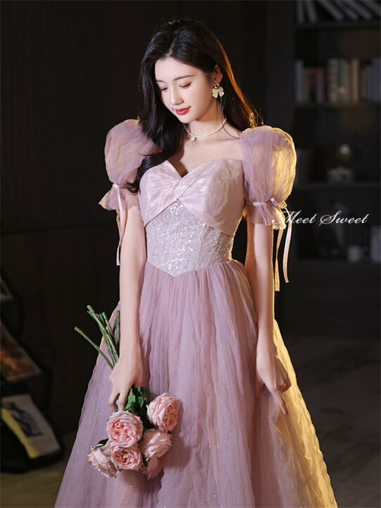 カラードレス ピンク 透け感 ロングドレス パーティードレス 半袖  