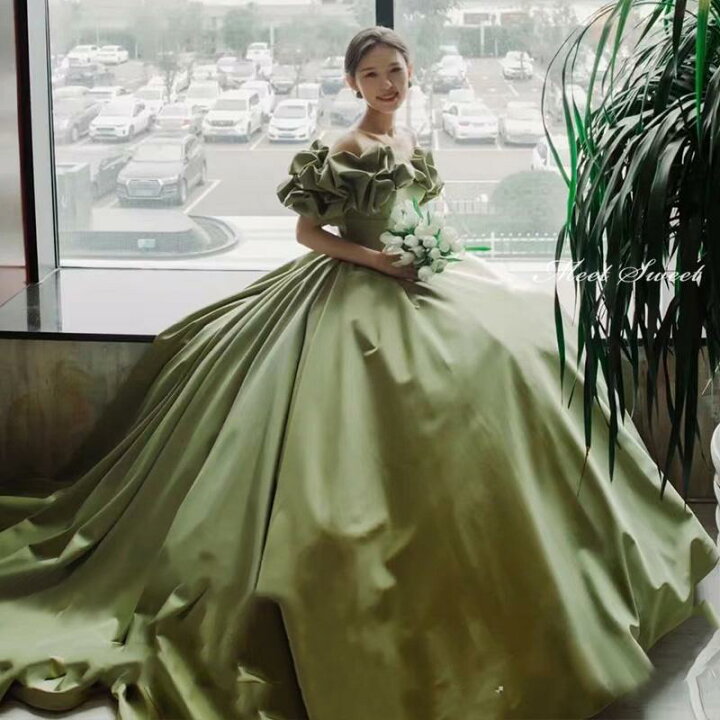 楽天市場】カラードレス グリーン 緑 オフショルダー 前撮り 披露宴  