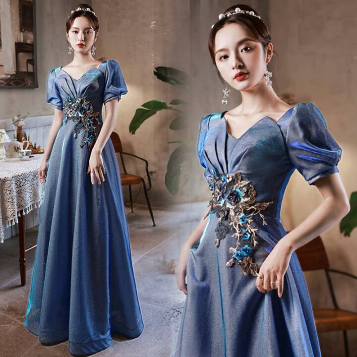 楽天市場】カラードレス 編み上げ 半袖 青 パーティードレス ロング  