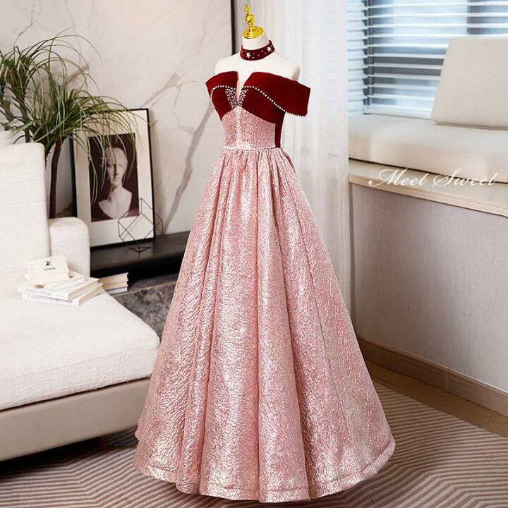 楽天市場】カラードレス 編み上げ ピンク オフショルダー ステージ 赤  