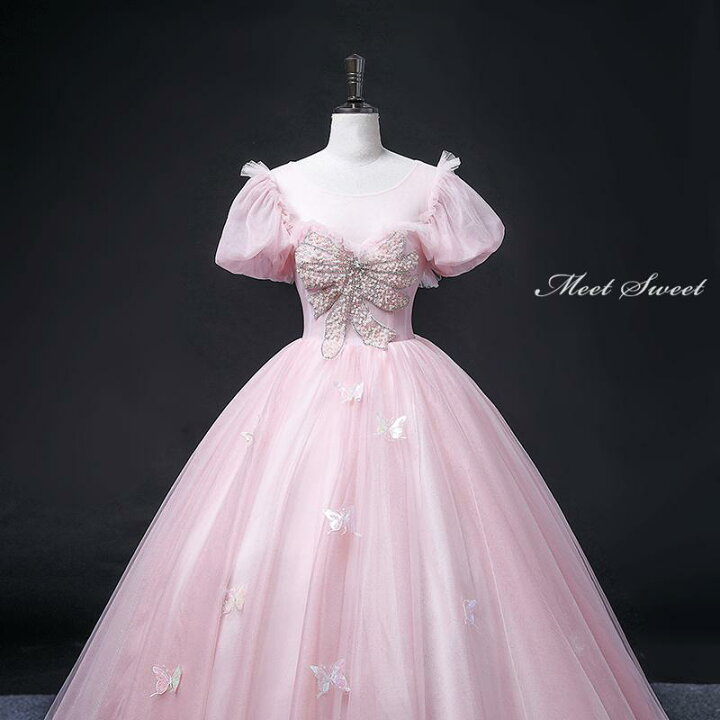 楽天市場】カラードレス 編み上げ ピンク 半袖 ロングドレス 結婚式 