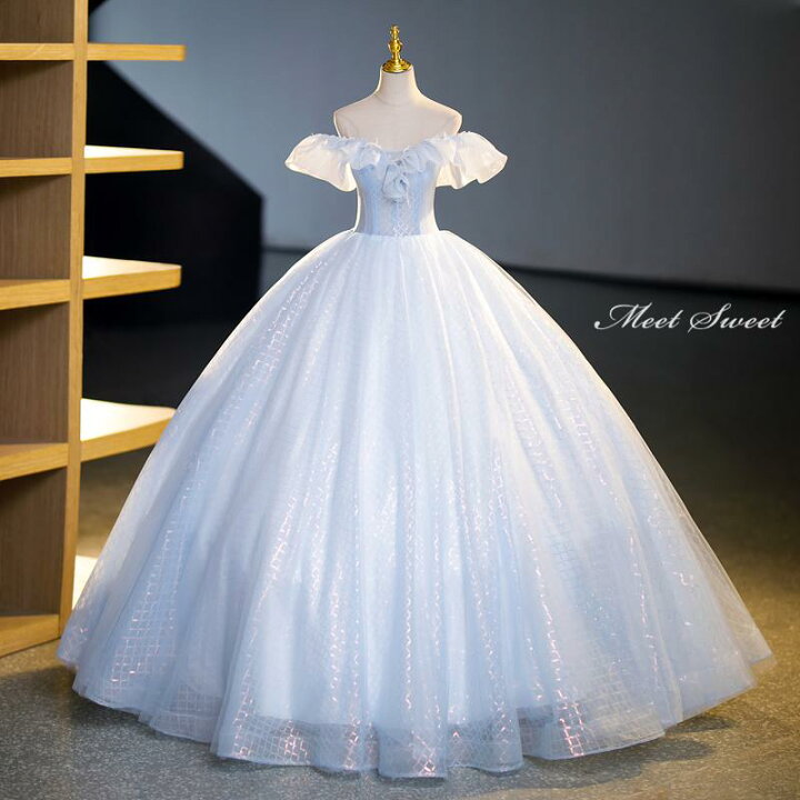 楽天市場】カラードレス 編み上げ ブルー オフショルダー ロングドレス  