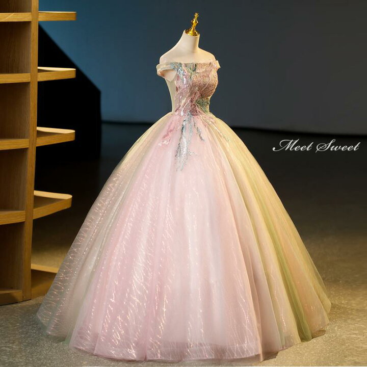 楽天市場】カラードレス 編み上げ ピンク オフショルダー ロングドレス  