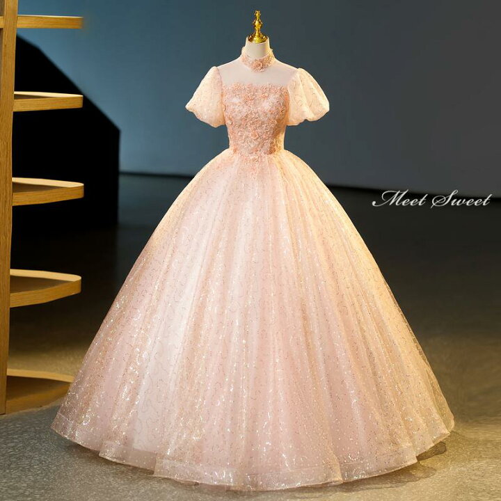 楽天市場】カラードレス 編み上げ パフスリーブ 花刺繍 ロングドレス  