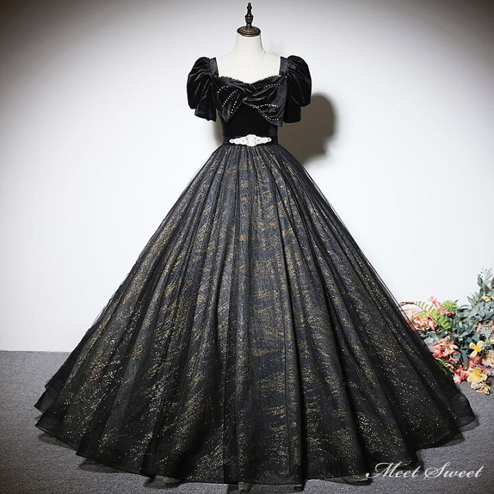 楽天市場】カラードレス 編み上げ ブラック パフスリーブ ロングドレス  