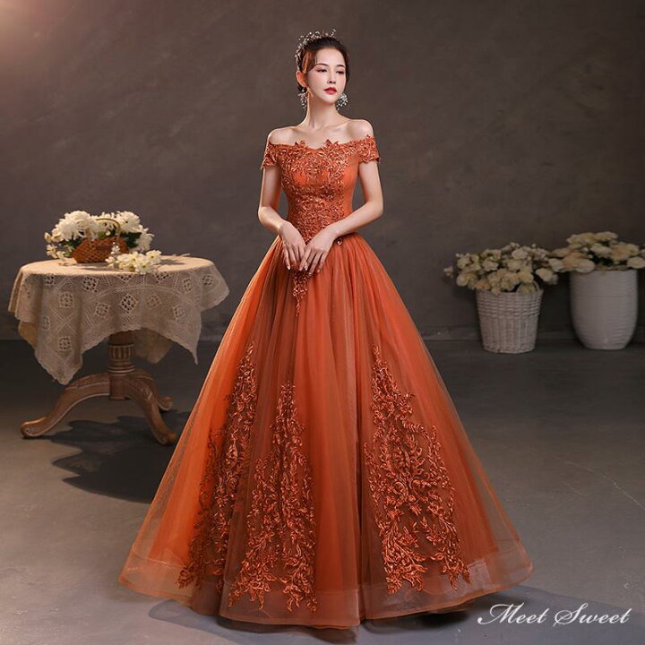 楽天市場】カラードレス 編み上げ テラコッタ オレンジ ロングドレス  