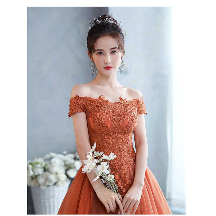 楽天市場】カラードレス 編み上げ テラコッタ オレンジ ロングドレス  