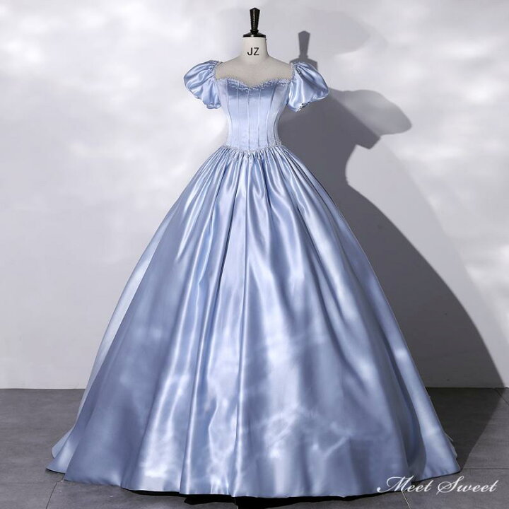 エレガント ライトブルー ベアトップ パフスリーブ 光沢感 トレーン  