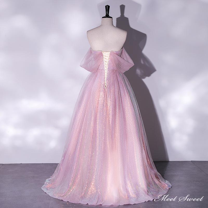 楽天市場】カラードレス 編み上げ ピンク オフショルダー ロングドレス