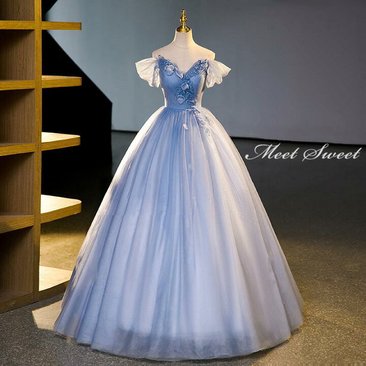 楽天市場】カラードレス 編み上げ ブルー 袖付き ロングドレス 結婚式 