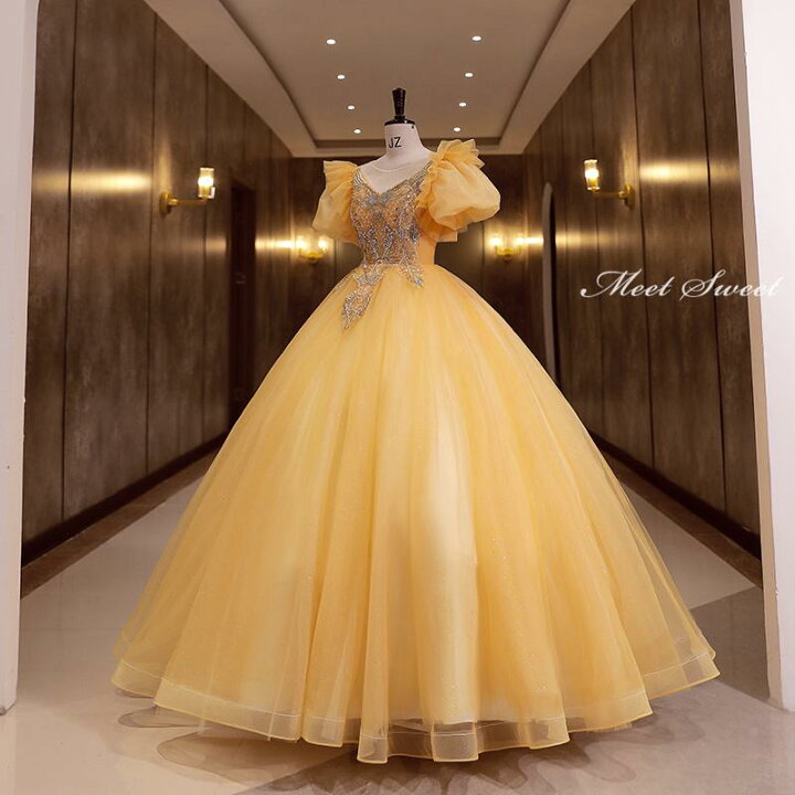 楽天市場】カラードレス 編み上げ イエロー ゴールド ロングドレス  