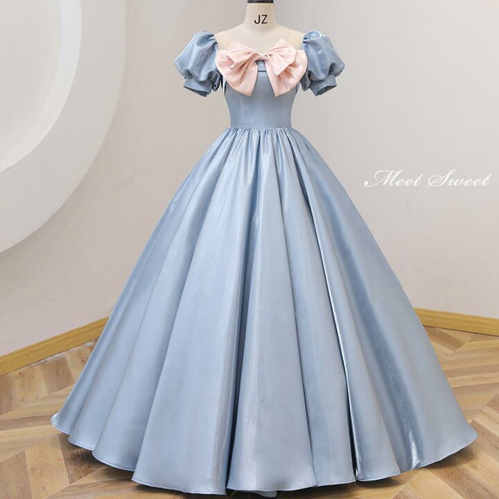 楽天市場】カラードレス かわいい ブルー リボン 半袖 ロングドレス 