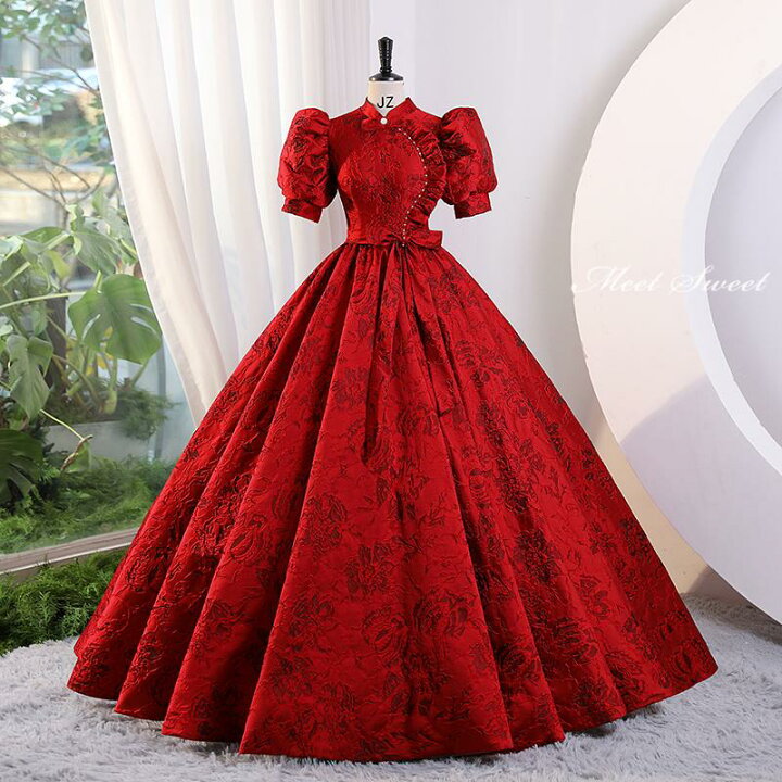 楽天市場】カラードレス レッド 半袖 ロングドレス 結婚式 二次会 発表  