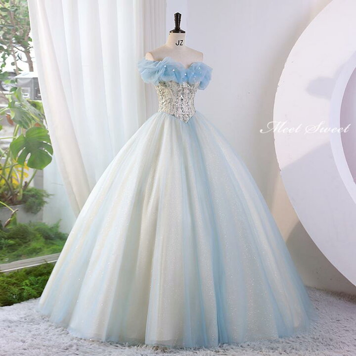 楽天市場】カラードレス 編み上げ ブルー 青 シャンパン ロングドレス  