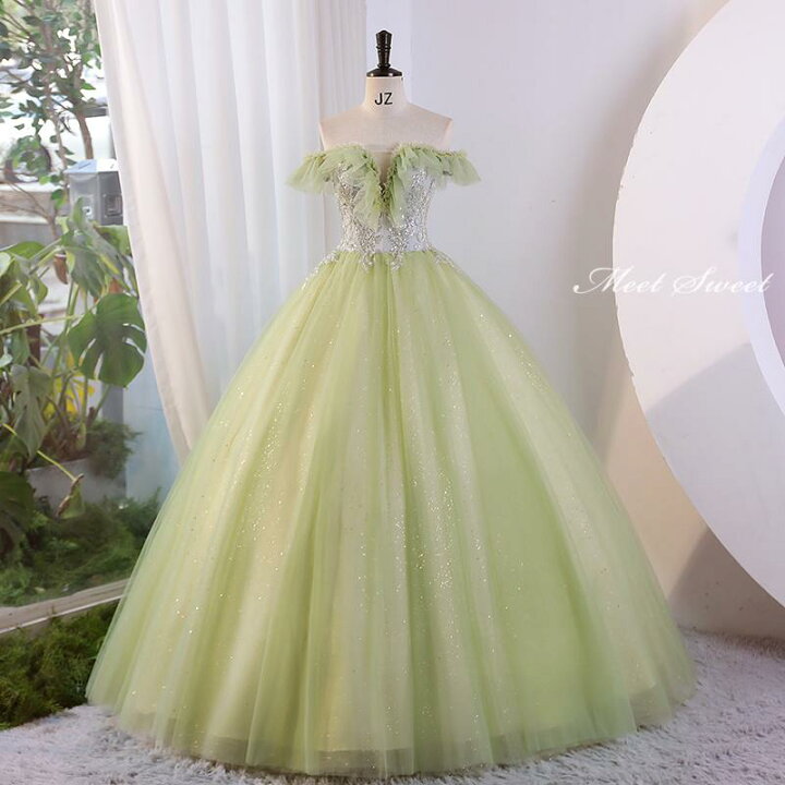 楽天市場】カラードレス 編み上げ グリーン オフショルダー ロング  