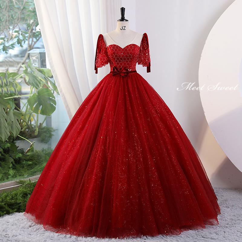 品質を保証 カラードレス 編み上げ ワインレッド 半袖 赤 ロングドレス