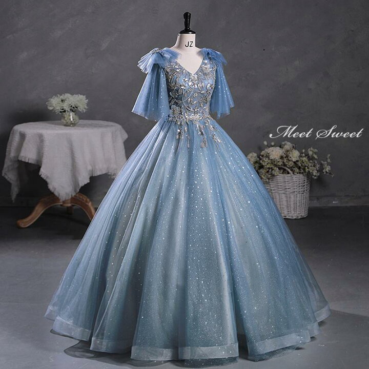 楽天市場】カラードレス 編み上げ ブルー フリル袖 大人 ロングドレス  