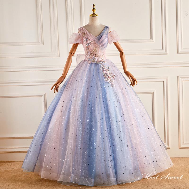 シンプルなデザインで カラードレス 半袖 ブルー ピンク ロングドレス