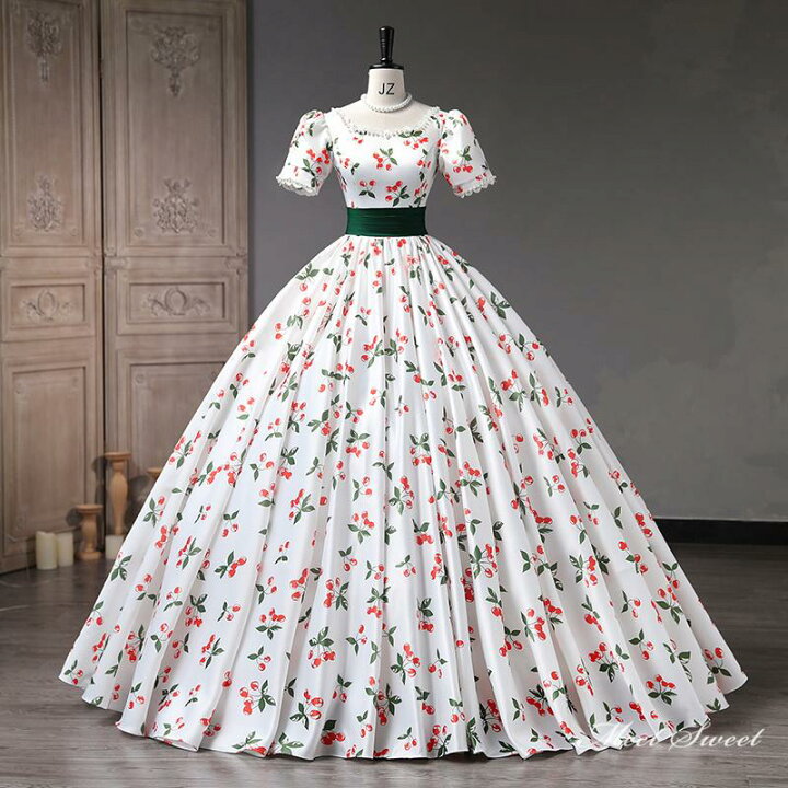 楽天市場】カラードレス ホワイト 花柄 半袖 ロングドレス 結婚式  