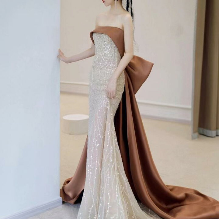 楽天市場】カラードレス ブラウン ビスチェ リボン ロングドレス 結婚 