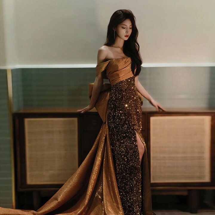 楽天市場】カラードレス ゴールド オフショルダー ロングドレス 結婚式 
