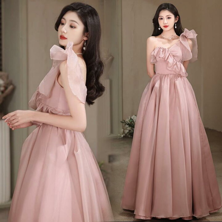 楽天市場】カラードレス 編み上げ ピンク ワンショルダー ロングドレス  