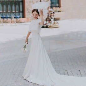 ウェディングドレス 2点セット セパレートドレス ウエディングドレス 二次会 結婚式 前撮り ブライダル ロングドレス 花嫁 スレンダードレス サテン バッグレス 海外挙式 フォトウェディング オフホワイト wedding dress キャミソール 半袖 小さいサイズ 大きいサイズ