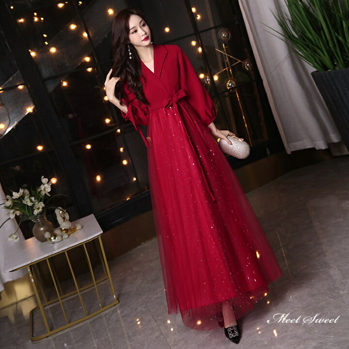 楽天市場】カラードレス ロングドレス パーティードレス ワインレッド  