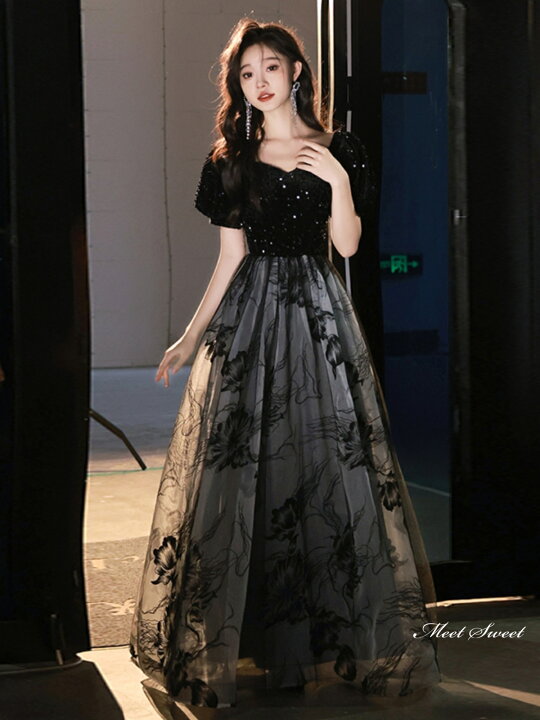 楽天市場】カラードレス ロングドレス パーティードレス ブラック 半袖  