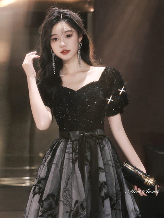 楽天市場】カラードレス ロングドレス パーティードレス ブラック 半袖  