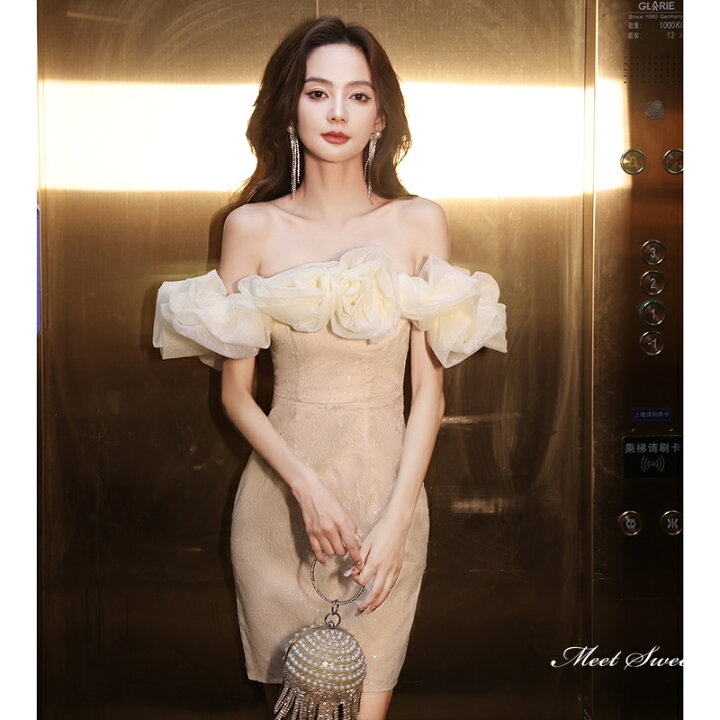 楽天市場】カラードレス ミニドレス パーティードレス シャンパン オフ  