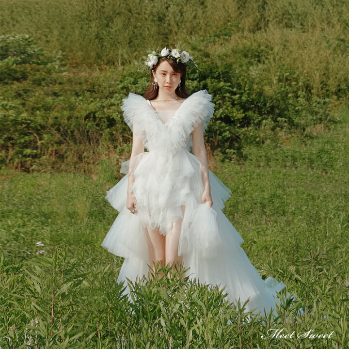 楽天市場】ウェディングドレス 前短後長ドレス チュール フリル 二次会  