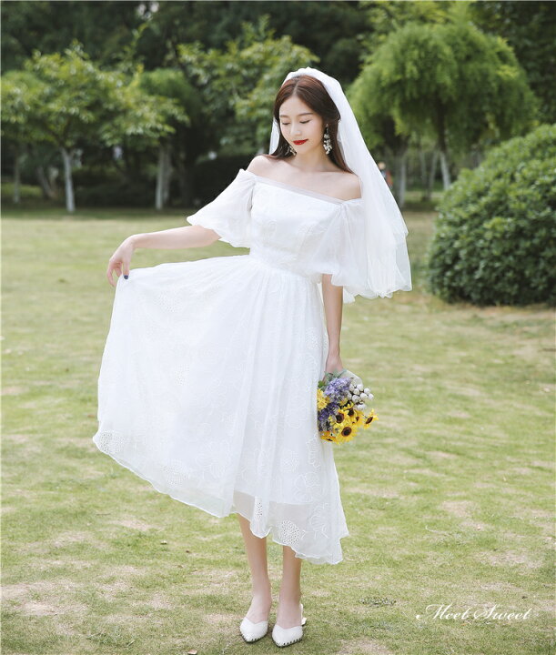 楽天市場】ウェディングドレス ミモレドレス オフショルダー チュール  