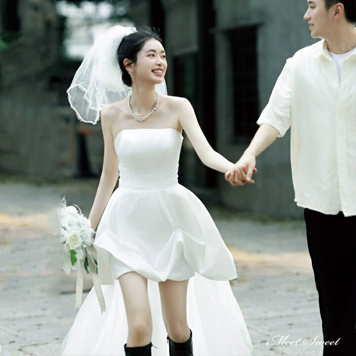 楽天市場】ウェディングドレス ミニドレス 前短後長ドレス ビスチェ  