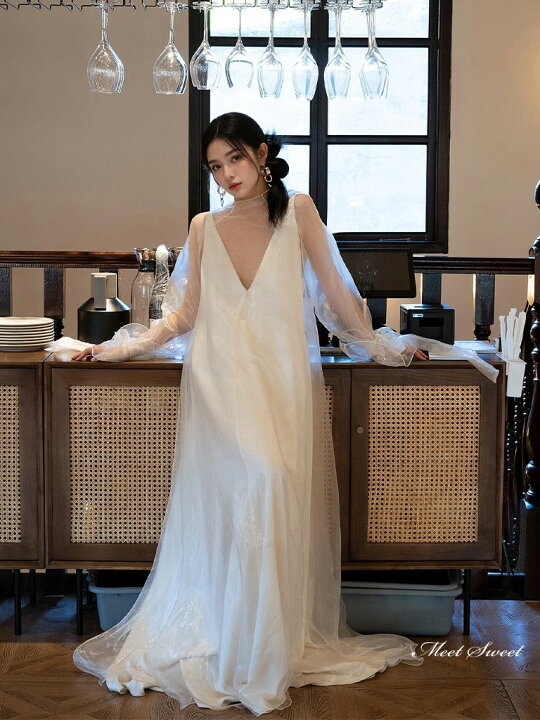 楽天市場】ウェディングドレス 2点セット Vネック ロングドレス  