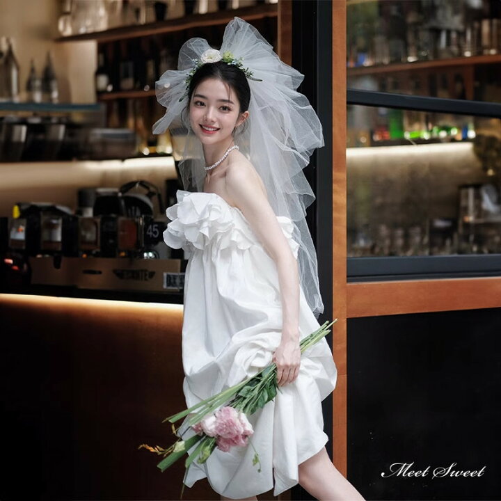 楽天市場】ウェディングドレス ミディアムドレス ベアトップ フリル  