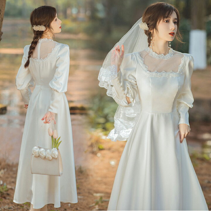 楽天市場】ウェディングドレス ロングドレス 長袖 二次会 結婚式 前  